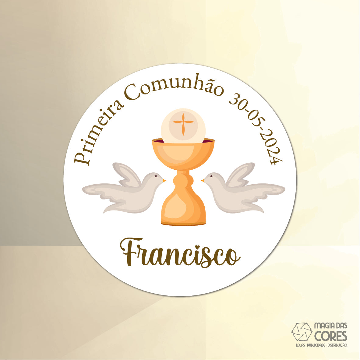 Íman Primeira Comunhão - Redondo - Cálice, Pombas